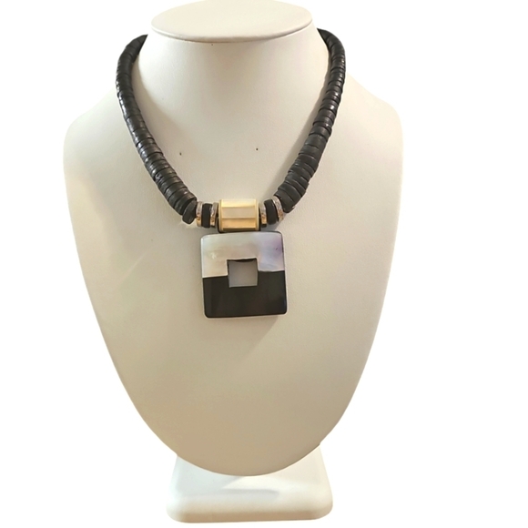 Vintage Native American Heishi Necklace with Square Medallion of Abalone Shell - Picture 1 of 6